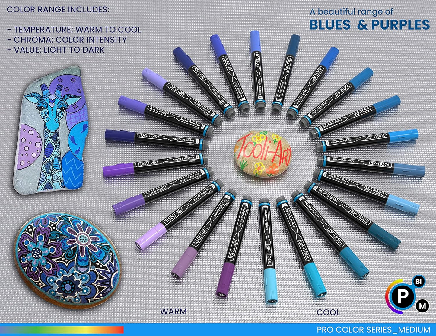 TOOLI-ART 22 Acrylic Paint Markers Paint Pens Pro Color Series Set 3mm Medium Tip for Rock Painting, Glass, Mugs, Wood, Metal, Glass Paint, Canvas, DIY. Non Toxic, Waterbased, Quick Drying (BLUES)