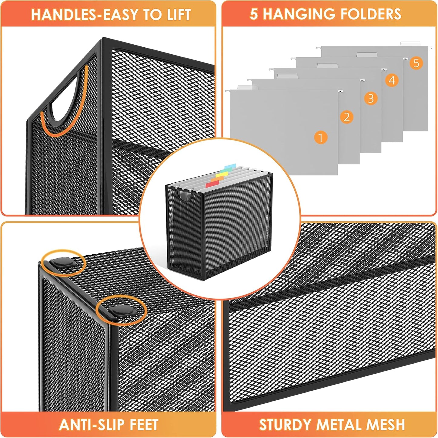 Sinboun Hanging File Organizer Letter-Size File Holder Filing Box Includes 5 Hanging Folders - Metal Mesh Magazine Letter Storage Cabinets File Cart for Office Home School, No Assembly Required